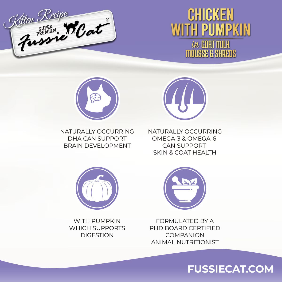 Fussie Cat Mousse Chicken Flavored with Pumpkin in Goat Milk Wet Kitten Food & Shreds, 2.47-oz can