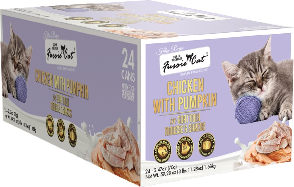 Fussie Cat Mousse Chicken Flavored with Pumpkin in Goat Milk Wet Kitten Food & Shreds, 2.47-oz can