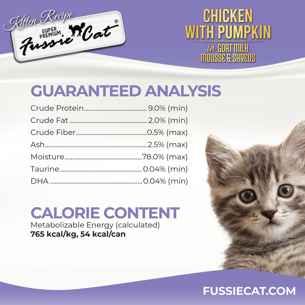 Fussie Cat Mousse Chicken Flavored with Pumpkin in Goat Milk Wet Kitten Food & Shreds, 2.47-oz can
